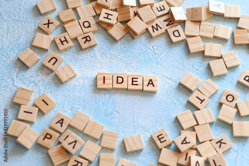 The word idea close-up. New idea, plan, action, goal sequence of actions. Clear algorithm. The need for new tactics and strategies, a business idea. All in your hands