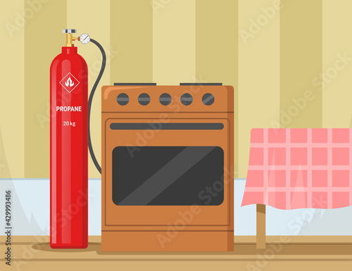 Gas stove with propane container in kitchen vector illustration. Cylinder with propane, balloon with industrial fuel for cooker. Kitchen, home appliances concept