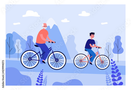 Boy and grandfather cycling together. Old man and grandson riding bicycles in summer flat vector illustration. Family, hobby, sports, leisure concept for banner, website design or landing web page