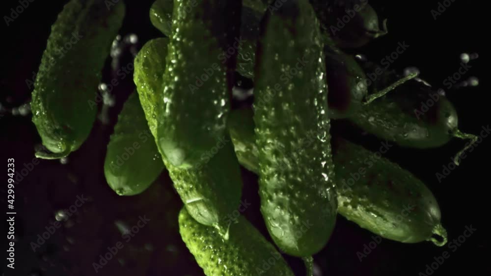 Super slow motion fresh cucumbers rise up. On a black background. Filmed on a high-speed camera at 1000 fps. High quality FullHD footage Super slow motion fresh cucumbers rise up. On a black background. Filmed on a high-speed camera at 1000 fps. High quality FullHD footage