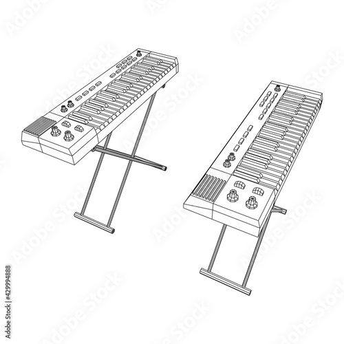 Piano roll analog synthesizer faders buttons knobs. Wireframe low poly mesh vector illustration.
