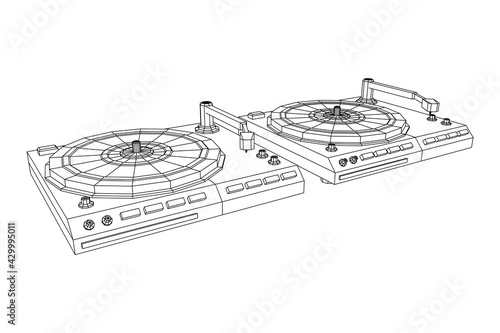 Vinyl turntable audio device. Wireframe low poly mesh vector illustration.