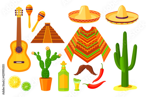 Set of cartoon Mexican traditional symbols. Flat vector illustration. Colorful collection of cacti, sombrero, maracas, guitar, poncho, maracas, pepper, pyramid. Culture, travel, Mexica concept