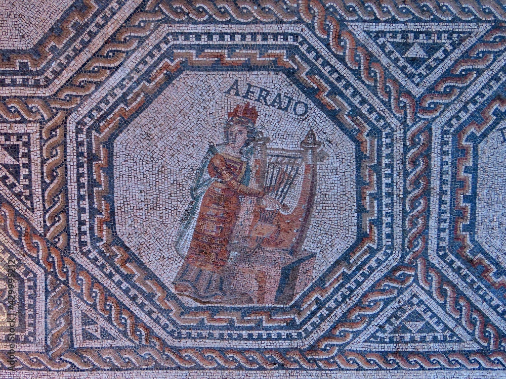 Erato - one of 9 muses portrayed in medalion with geometric ornamented borders. The Roman floor mosaic is freely accessible for everybody outdoors in Vitchen, Luxembourg