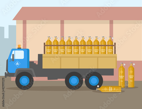 Truck with balloons of carbon dioxide flat vector illustration. Vehicle transporting industrial fuel, cylinders with dangerous gas, gas storage. Industry, fuel concept