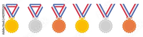 Medal icon set, Gold, silver and bronze medals with ribbon, competition Awards symbol, vector illustration 