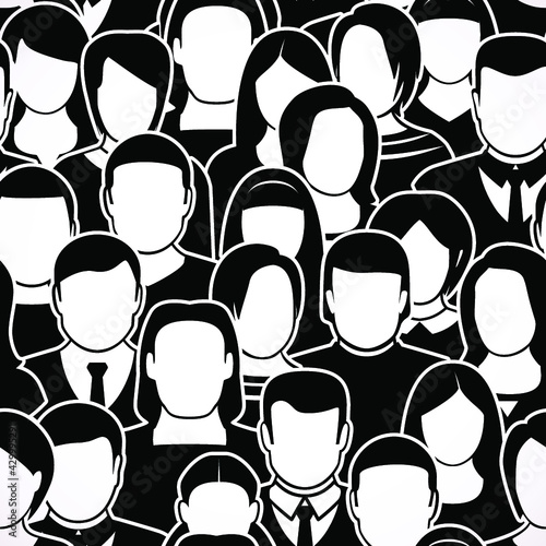 The crowd of abstract people, seamless pattern in black. Isolated on White Background. Flat design, vector illustration.
