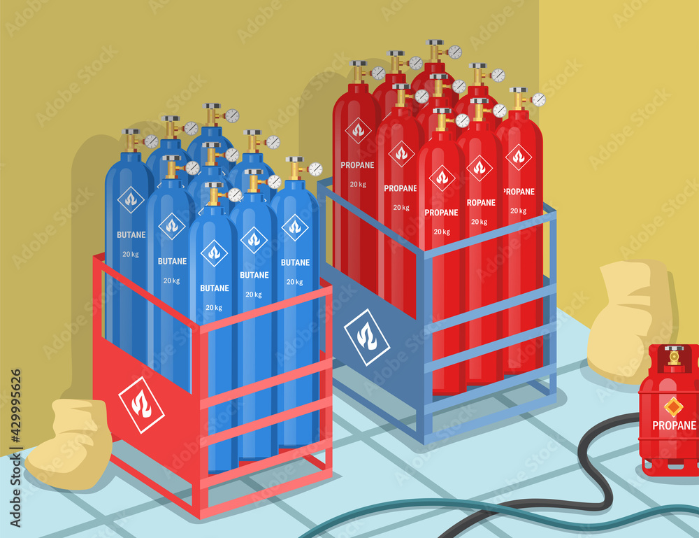 Cylinders with propane and butane on factory vector illustration. Balloons with dangerous gas or