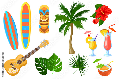Set of cartoon Hawaiian and travel symbols. Flat vector illustration. Colorful collection of guitar, surf board, tiki mask, fauna, cocktails, hibiscus flower, palm. Culture, travel, tropical concept