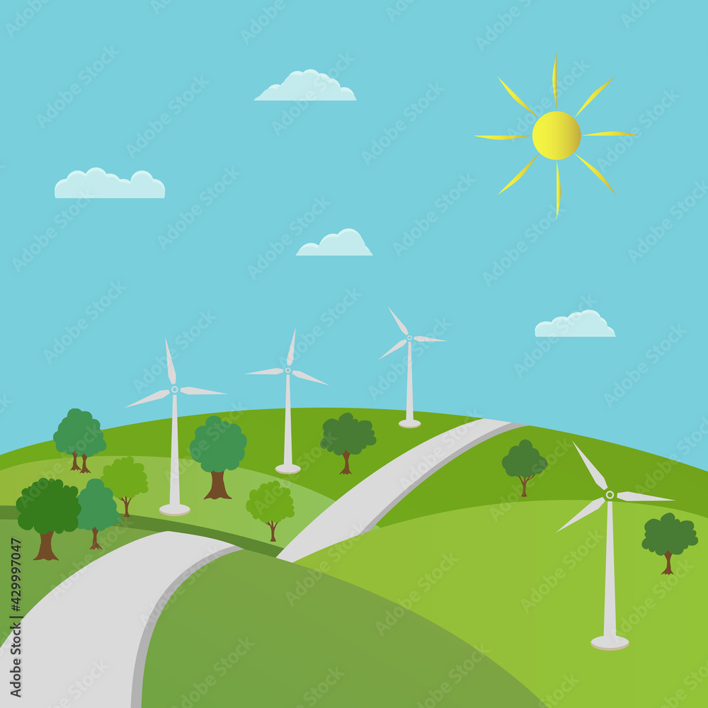 Ecology concept and environment conservation. Nature landscape with green trees and renewable energy with a wind generators.