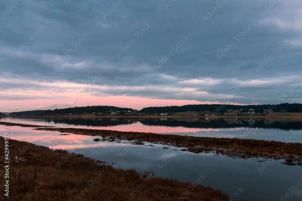 Sunset over lake on Whidbey Island , Washington, USA