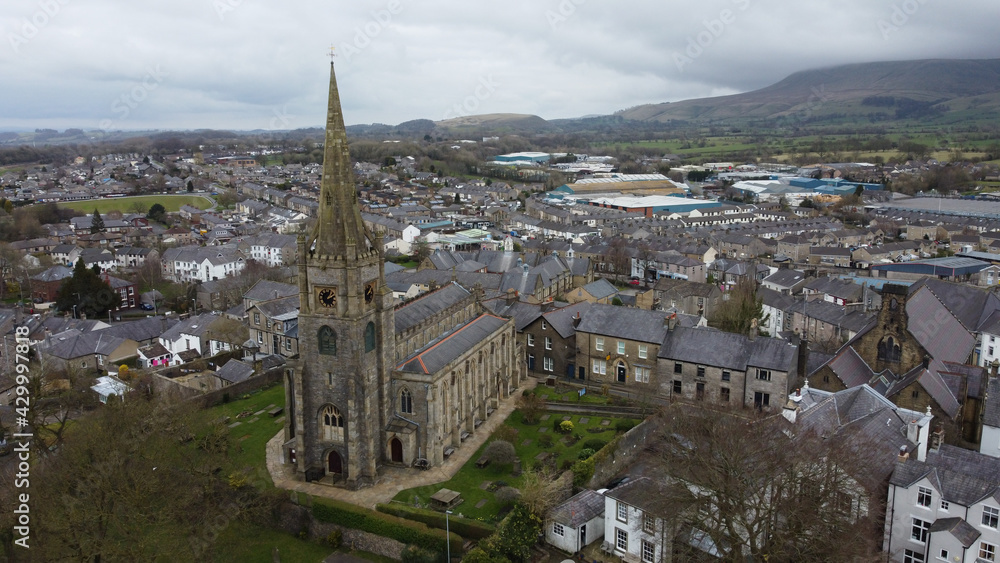 Aerial view of a large church in Clitheroe, Ribble valley. St Mary Magdalene church