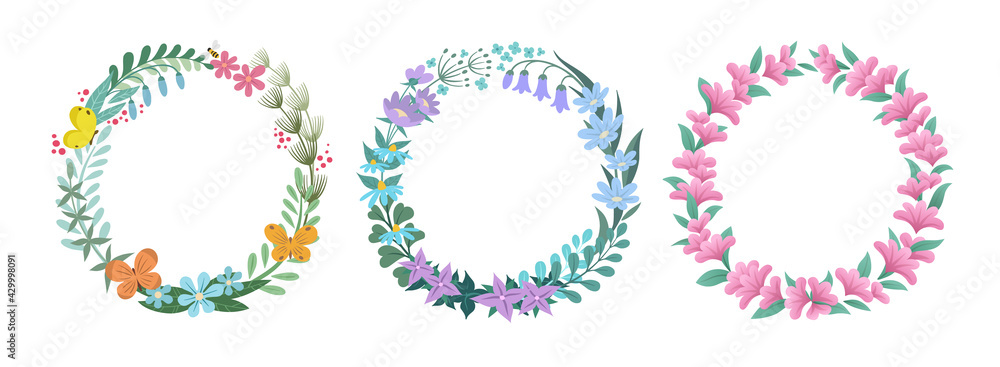Floral wreath with red, blue, pink flower, yellow orange butterfly, and green leaf.