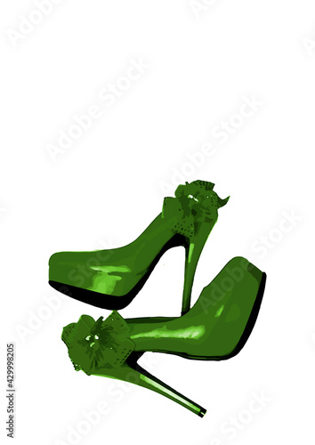 Dressed shoes on the platform with a bow on a high thin heel. Shoes. Green