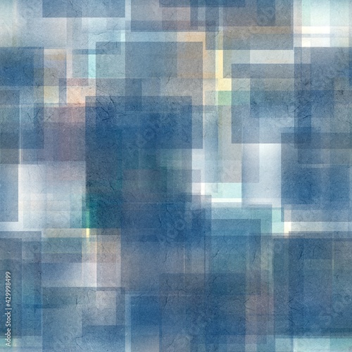 Seamless overlaid geometric shape pattern print. High quality illustration. Transparent rectangles filled with gradient colors scattered. Handmade paper texture overlay.