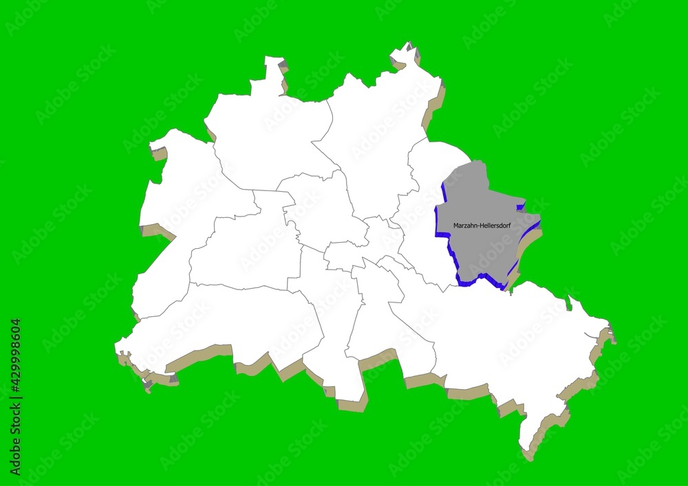 City map of Berlin in white with illustrative silhouette of the Marzahn-Hellersdorf district in gray