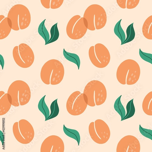 Apricot seamless pattern. Exotic tropical peaches or apricots fresh fruit on pink background. Whole juicy peach and kernels. Decor textile, wrapping paper, wallpaper vector print or fabric