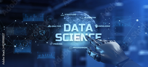 Data science analytics analysis. Robotic arm 3d rendering photo