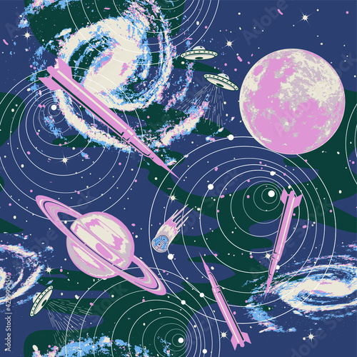 seamless space, moon, planets vector print design