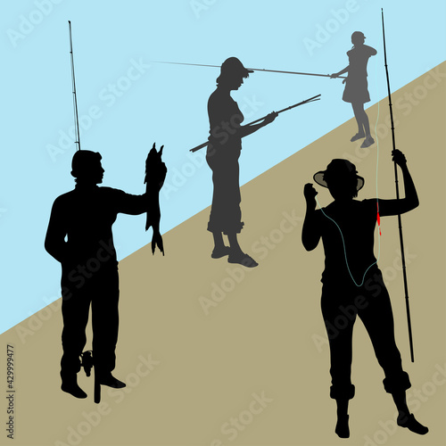 Vector silhouettes. Teenager girl with mom fishing. Woman in a hat and jeans with a fishing rod. The girl in the dress is fishing. Woman unravels the fishing line. Woman with a spinning rod and a pike