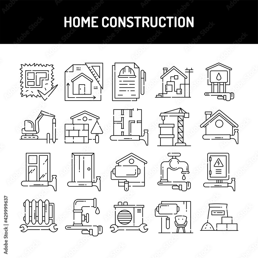 Home construction line icons set. Isolated vector element.