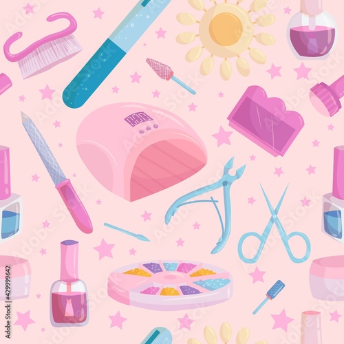Bright seamless pattern. Manicure and pedicure. nail polish. Cartoon style manicure tools. Vector illustration isolated on white background.