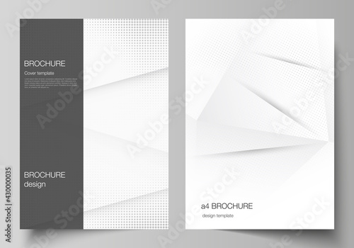 Vector layout of A4 cover mockups design templates for brochure, flyer layout, cover design, book design, brochure cover. Halftone dotted background with gray dots, abstract gradient background.