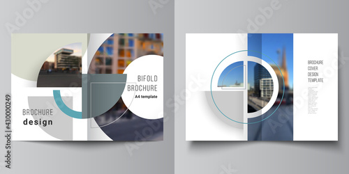 Vector layout of two A4 cover mockups design template for bifold brochure, flyer, cover design, book, brochure cover. Background with abstract circle round banners. Corporate business concept template