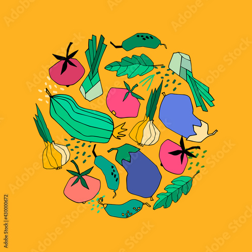 Fototapeta Naklejka Na Ścianę i Meble -  Hand drawn logo with colorful vector illustrations of vegetables