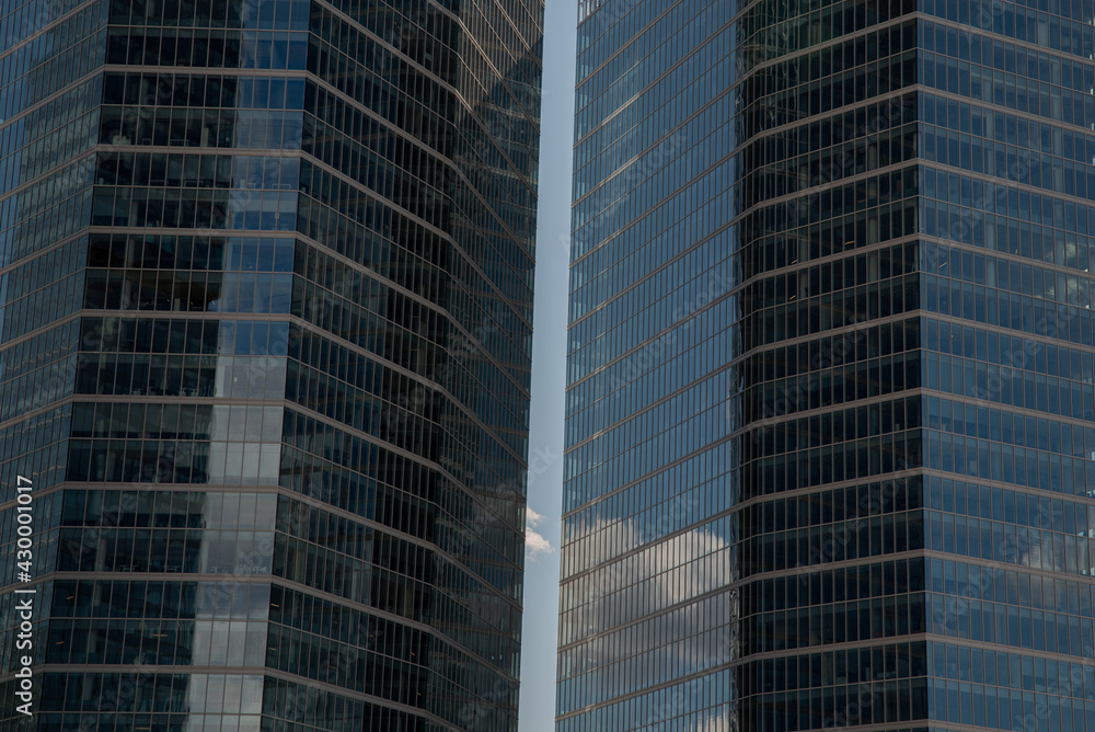 Skyscraper. City architecture. Skyscrapers tower cityscape. Different city center buildings.