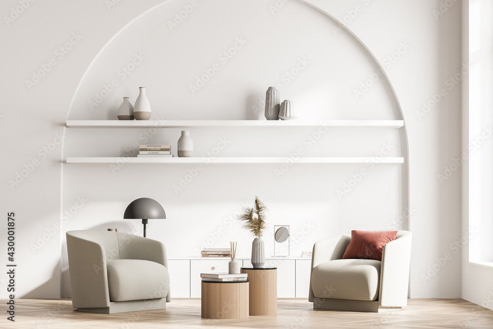 Modern living room interior with two armchairs and bookshelf niche arch, commode, lamp. Reading and relax concept. No people. 3d rendering. Modern living room interior with two armchairs and bookshelf niche arch, commode, lamp. Reading and relax concept. No people. 3d rendering.