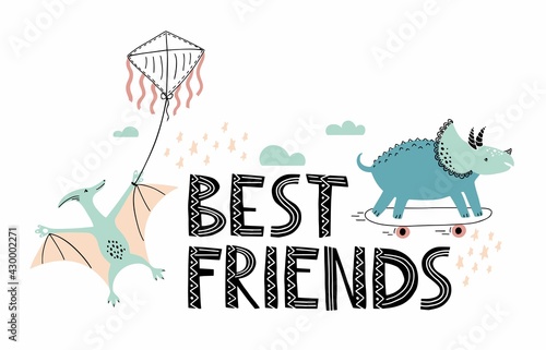 Cute dinosaurs color flat vector characters. Pterodactyl and triceratops playing together. Jurassic reptiles with lettering Best friends.  Isolated cartoon illustration for kids poster, textile, book