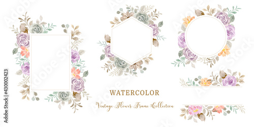 Collection of vintage floral frames with watercolor