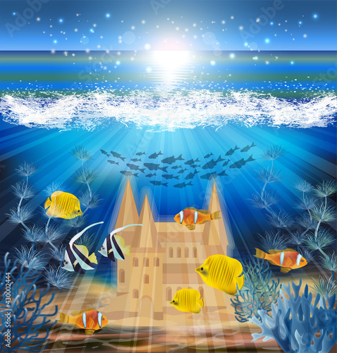 Underwater wallpaper with fish and sand castle, vector illustration