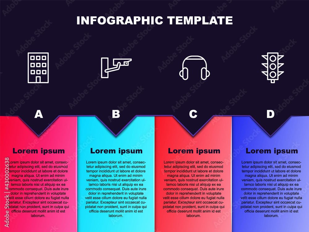 Set line House, Security camera, Headphones and Traffic light. Business infographic template. Vector Set line House, Security camera, Headphones and Traffic light. Business infographic template. Vector