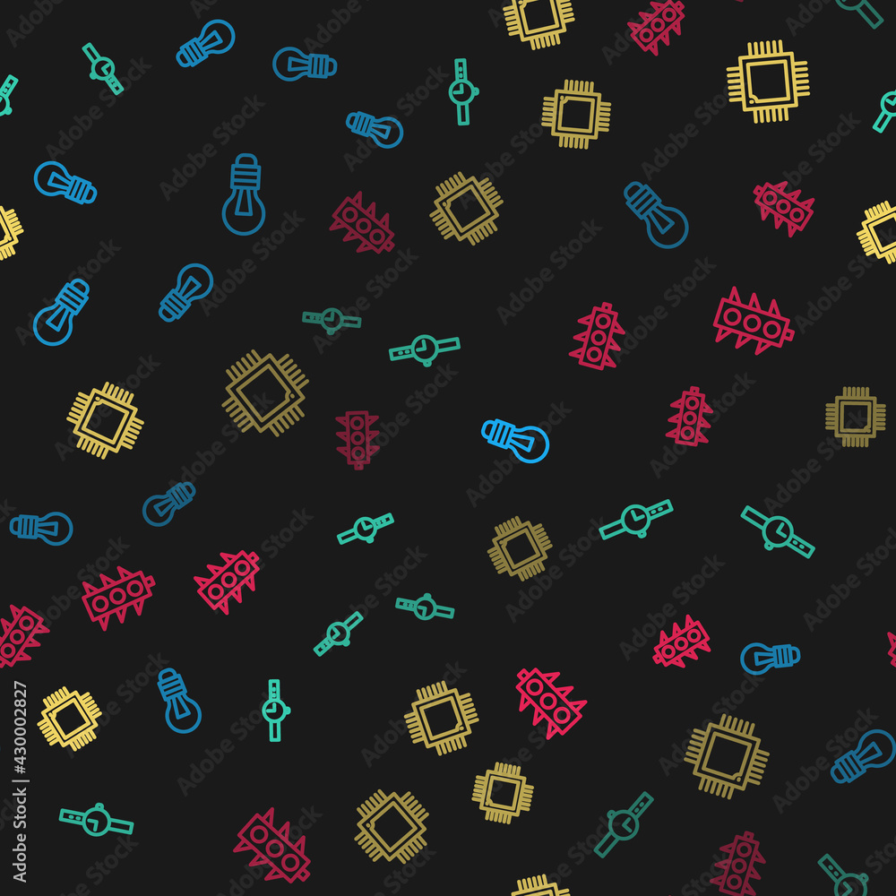 Set line Light bulb, Wrist watch, Processor with microcircuits CPU and Traffic light on seamless pattern. Vector Set line Light bulb, Wrist watch, Processor with microcircuits CPU and Traffic light on seamless pattern. Vector