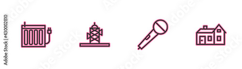 Set line Heating radiator, Microphone, Antenna and House icon. Vector