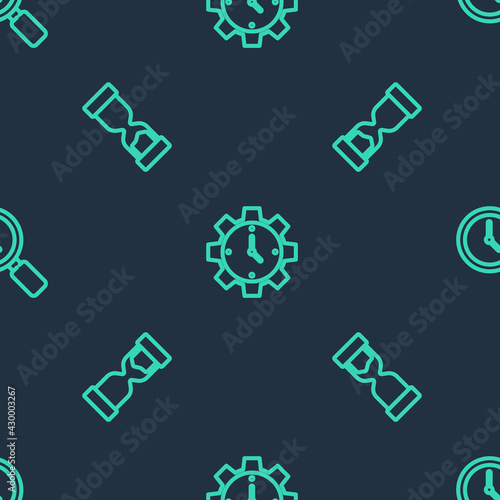 Set line Time Management, Old hourglass and Magnifying with clock on seamless pattern. Vector