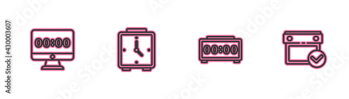 Set line Clock on monitor, Digital alarm clock, Alarm and Calendar with check mark icon. Vector
