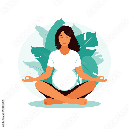 Pregnant woman makes yoga and meditation. Concept pregnancy  motherhood  health care. Illustration in flat style.