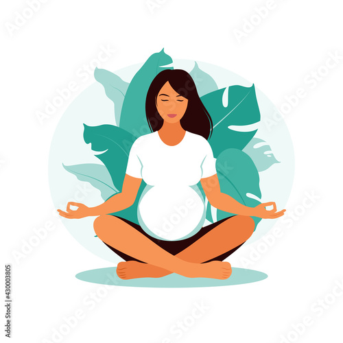 Pregnant woman makes yoga and meditation. Concept pregnancy, motherhood, health care. Illustration in flat style.