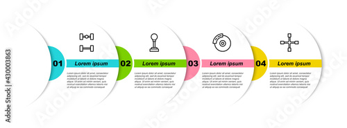 Set line Chassis car, Gear shifter, Car brake disk with caliper and Wheel wrench. Business infographic template. Vector