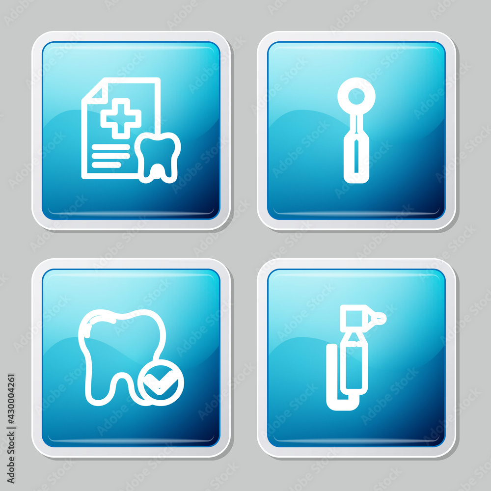 Set line Dental card, inspection mirror, Tooth whitening concept and drill icon. Vector Set line Dental card, inspection mirror, Tooth whitening concept and drill icon. Vector