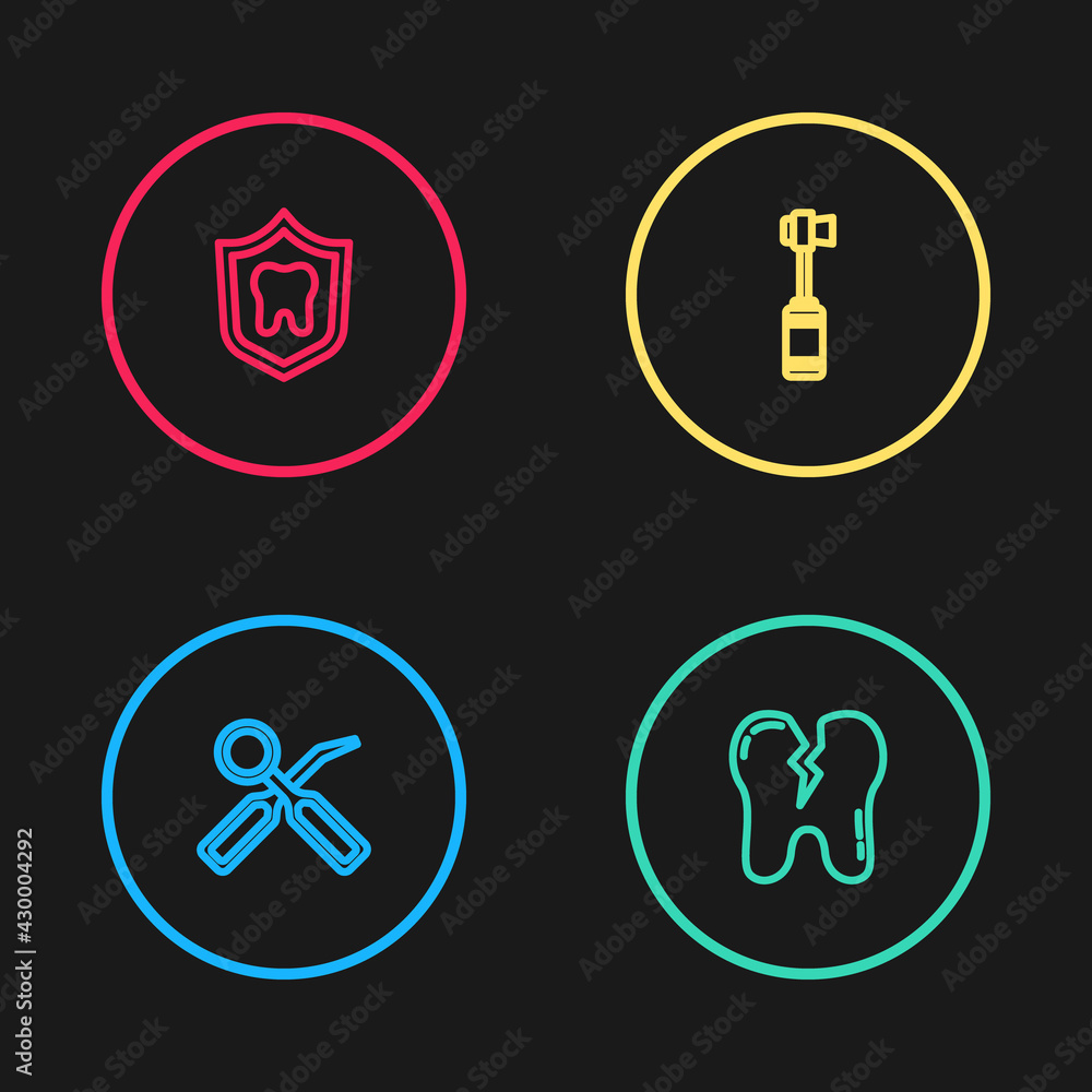 Set line Dental inspection mirror, Broken tooth, Toothbrush and protection icon. Vector Set line Dental inspection mirror, Broken tooth, Toothbrush and protection icon. Vector