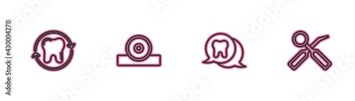 Set line Tooth whitening, , Otolaryngological head reflector and Dental inspection mirror icon. Vector