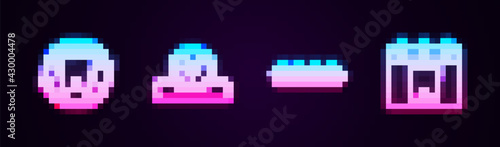 Set line Tooth whitening, Otolaryngological head reflector, Teeth with braces and Calendar tooth. Glowing neon icon. Vector