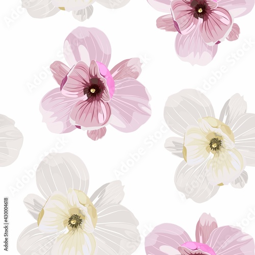 Seamless floral pattern with pink white tropical magnolia flowers on white background. Template design for textiles, interior, clothes, wallpaper. Botanical art. Engraving style.