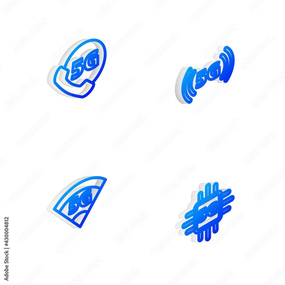 Fototapeta premium Set Isometric line 5G network, Phone with, and Processor icon. Vector