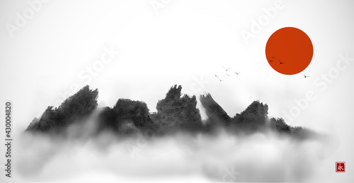 Wild rocky mountains in fog, big red sun and flock of birds in the sky. Traditional oriental ink painting sumi-e, u-sin, go-hua. Translation of hieroglyph - eternity.