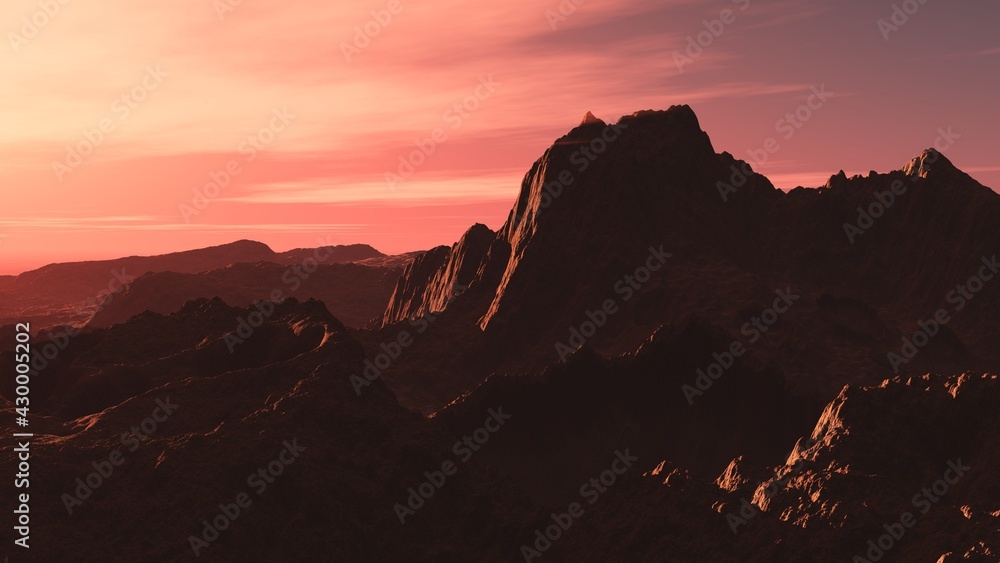 Mars at sunset, panorama of Mars, alien landscape, a panorama of a surface of another planet, 3D rendering